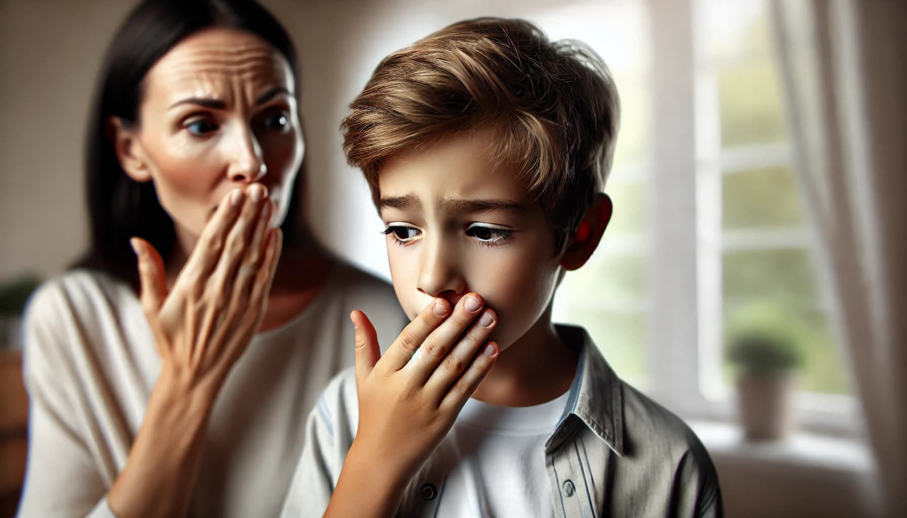 DALL·E 2024-10-02 11.21.43 – A realistic wide image depicting a close-up scene where a young boy is covering his mouth with his hand, having just accidentally said a swear word. H