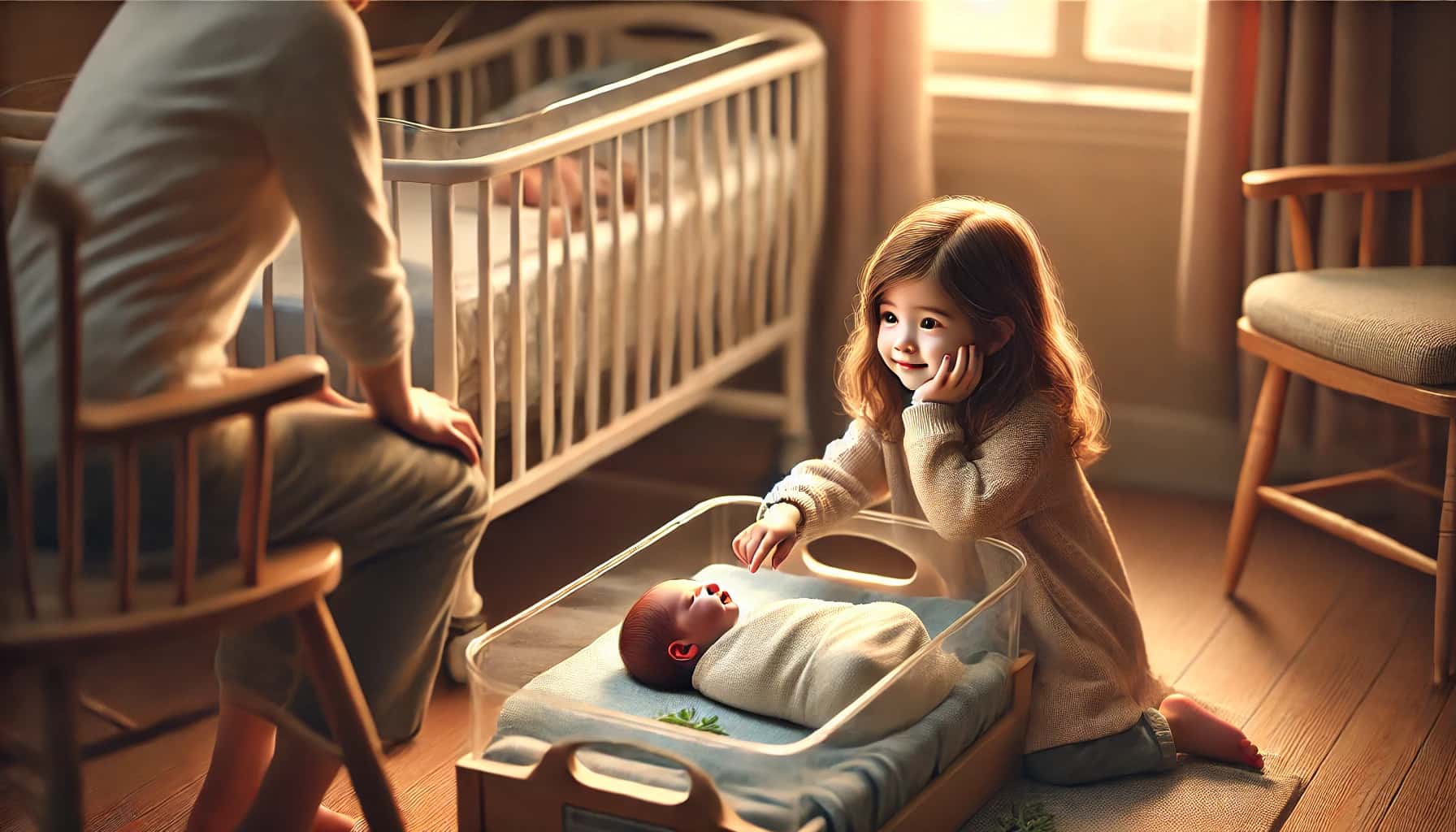 DALL·E 2024-10-25 09.51.43 – A realistic rectangular image of a young girl meeting her newborn baby brother in a cozy, warmly lit hospital room. The girl, around 4-5 years old, is